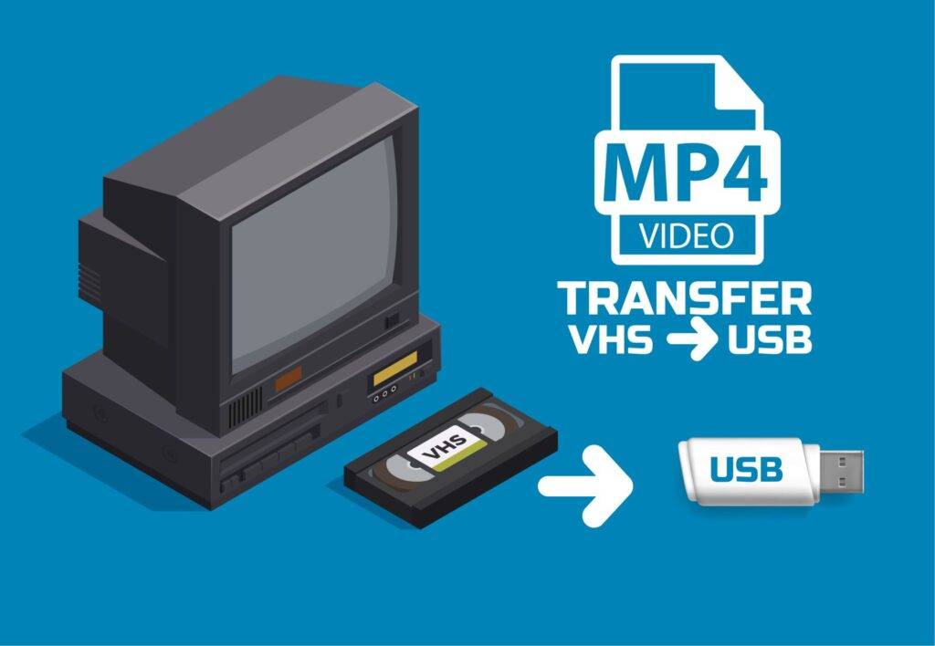 Illustration des Prozesses zur Digitalisierung von VHS-Kassetten, bei dem analoge Videos in das digitale MP4-Format umgewandelt und auf einem USB-Stick gespeichert werden. VHS digitalisieren bietet eine moderne Lösung zur Archivierung und Nutzung alter Videoaufnahmen.