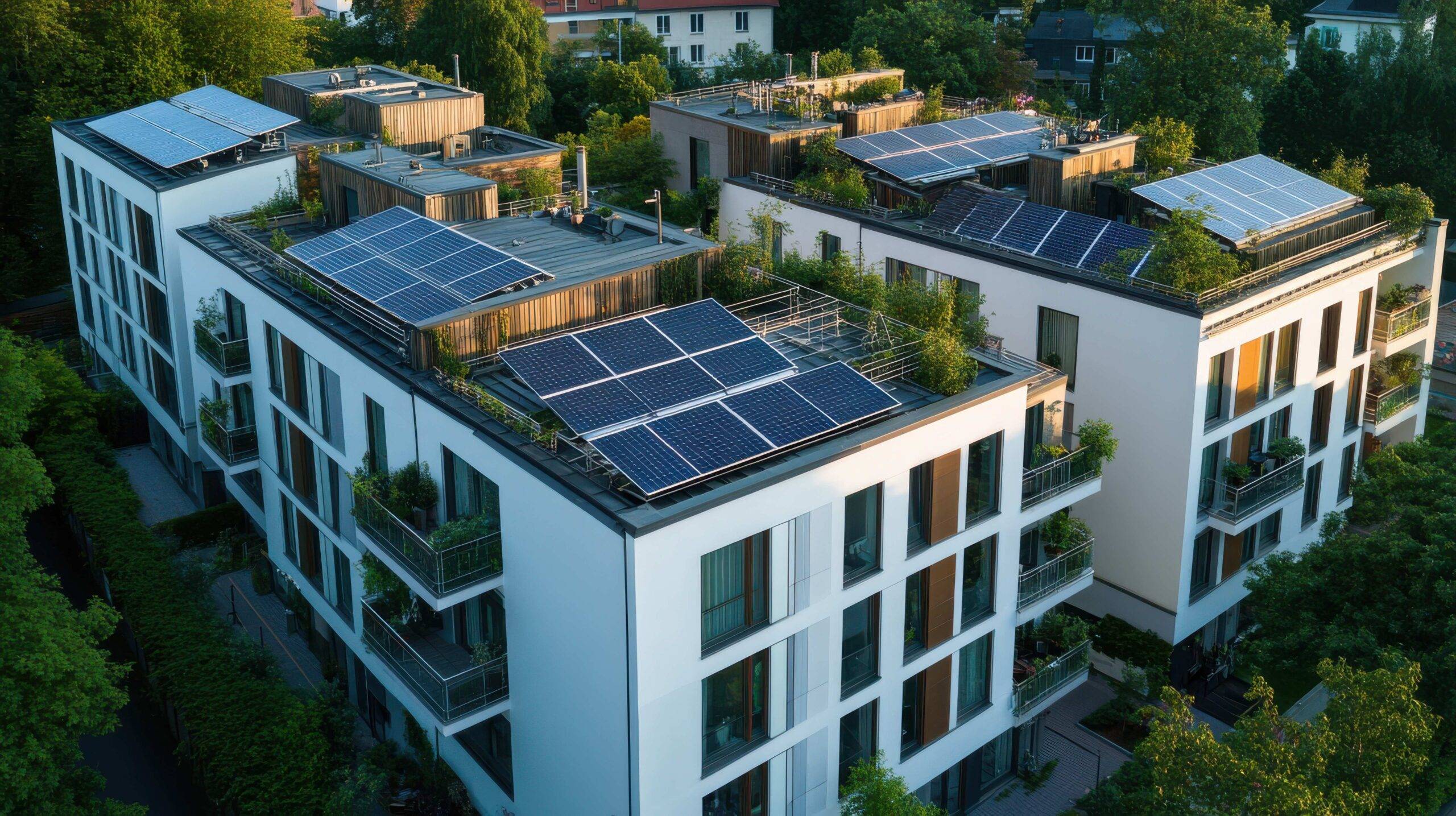 Wohnanlage mit Solarpaneelen auf den Dächern, moderne städtische erneuerbare Energien