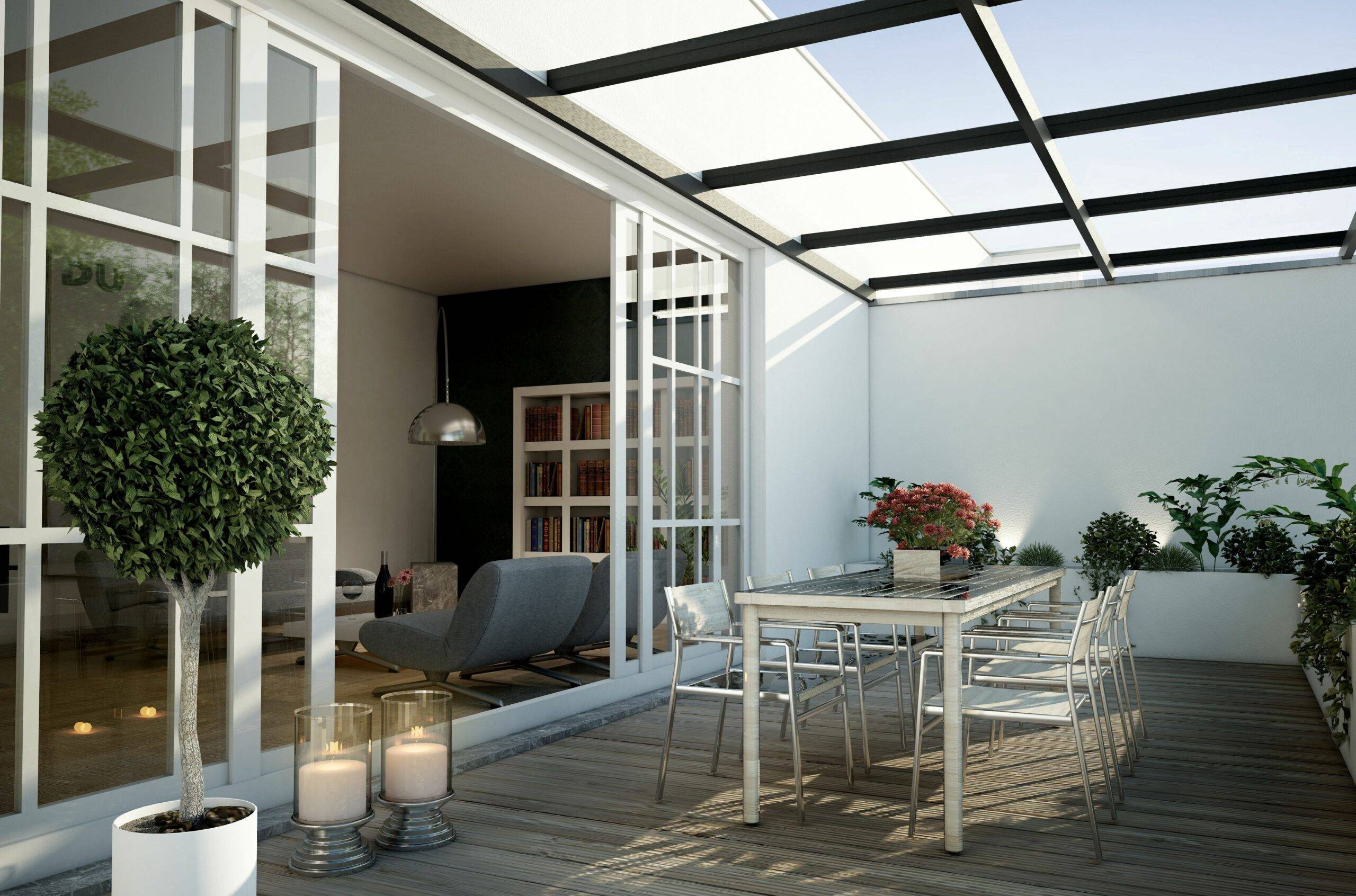 Moderne Terrassenüberdachung in Düsseldorf mit stilvoller Einrichtung und klarer Linienführung