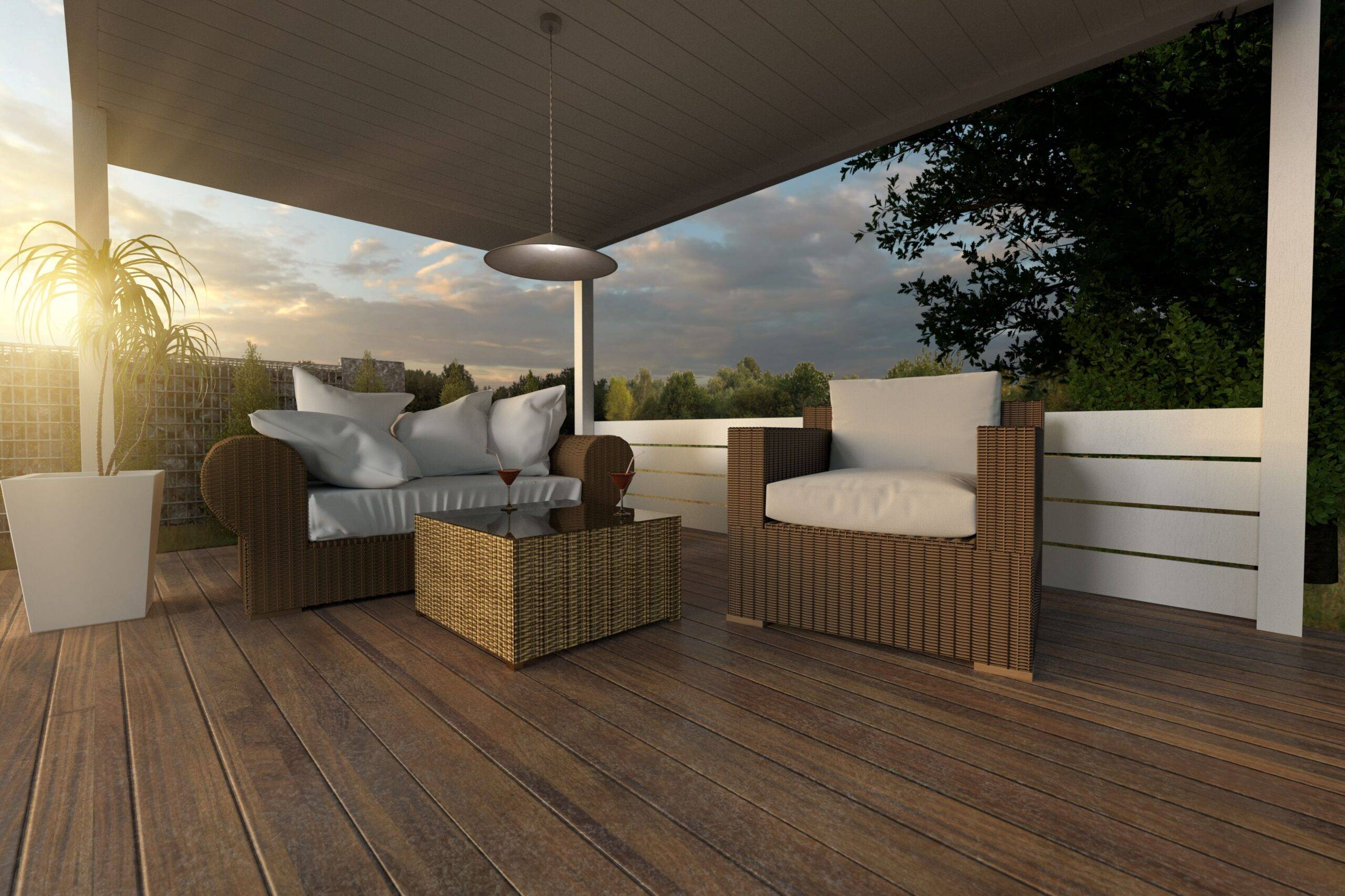 Stilvoll eingerichtete Terrasse mit Überdachung bei Sonnenuntergang in Düsseldorf