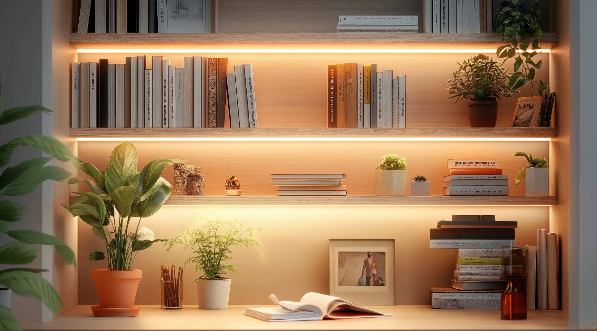 Warmweisse LED Streifen beleuchten ein Regal mit Pflanzen und Buechern – stimmungsvolle Lichtinszenierung im Wohnbereich