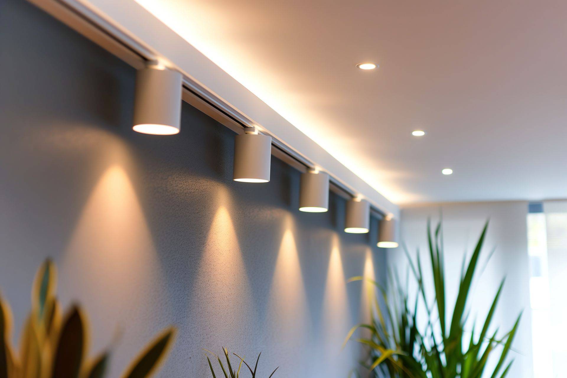 Lichtleiste und Deckenspots an einer modernen Wohnzimmerdecke – unterschiedliche LED Leuchten smart kombiniert