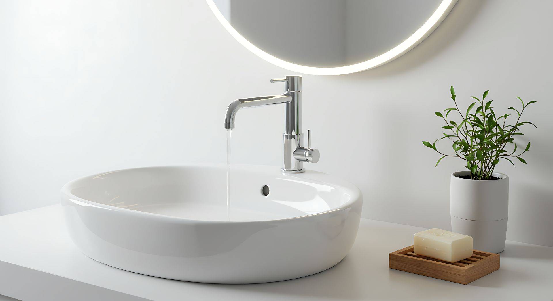 Weisses modernes Badezimmer mit rundem Spiegel und eleganter Armatur – Symbol fuer Entkalkungsanlage und kalkfreies Wasser im Alltag
