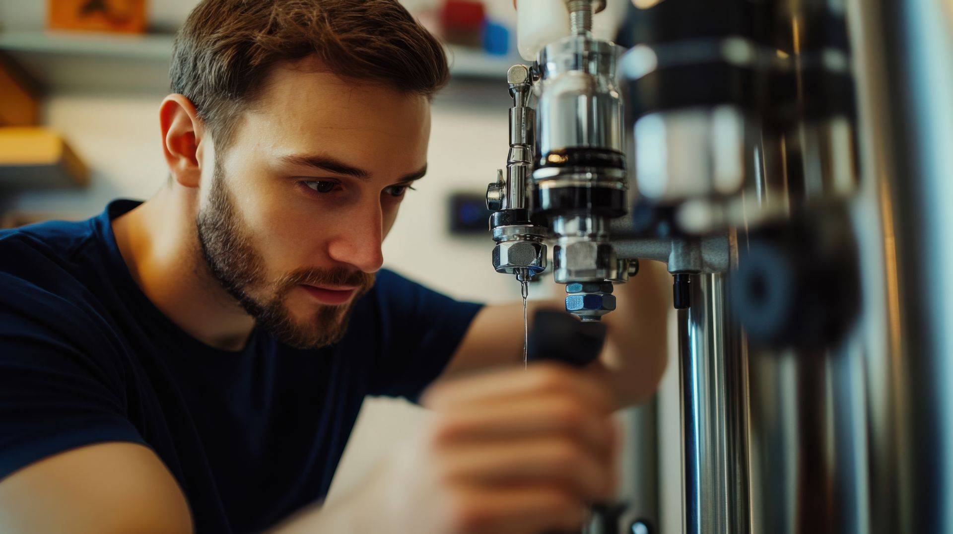 Handwerker installiert Wassertechnik in einem Haus – Symbolbild fuer fachgerechten Einbau einer Entkalkungsanlage