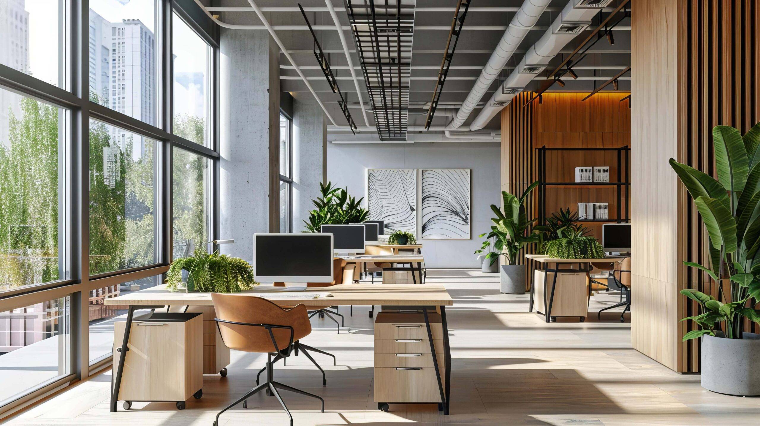 modernes Büro-Coworking-Space-Interieur mit Schreibtischen, Computern und großem Fenster sowie Wanddesign-Vorlage