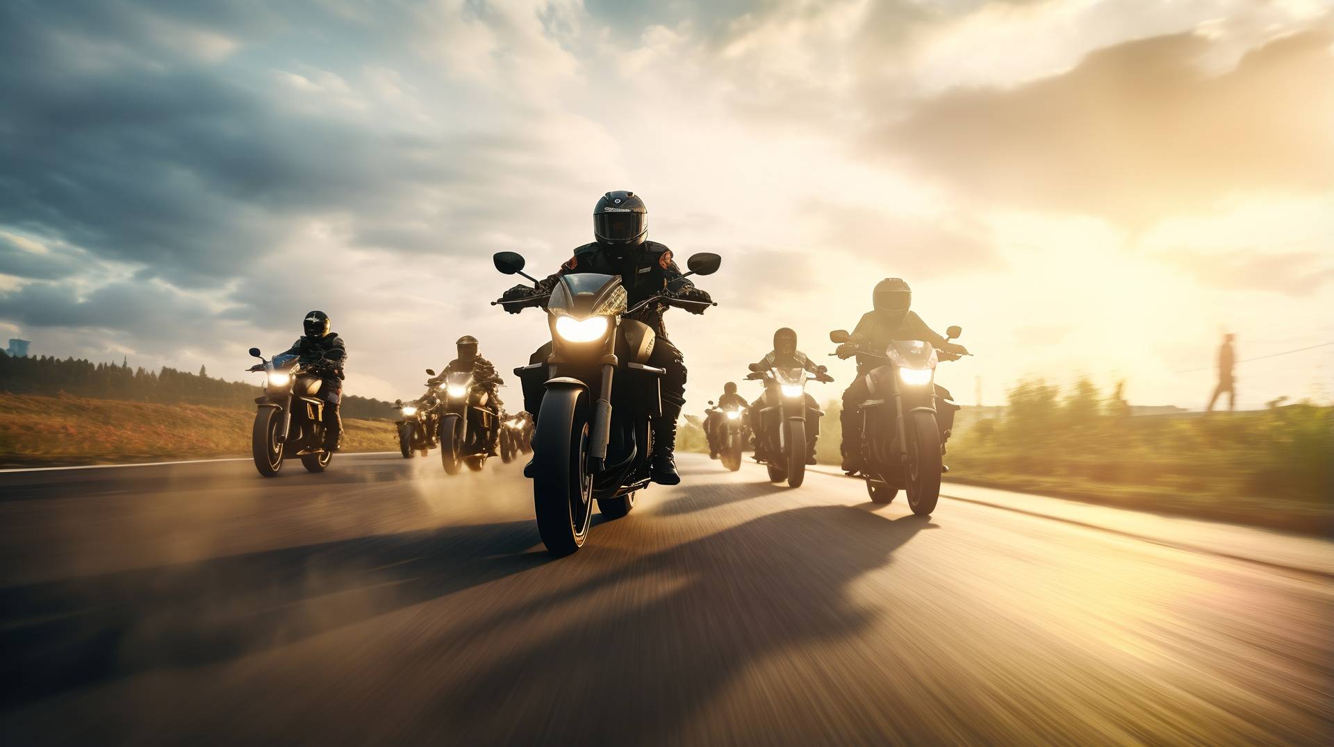 Motorradgruppe faehrt auf Landstrasse bei Sonnenuntergang | Motorradbekleidung von Held