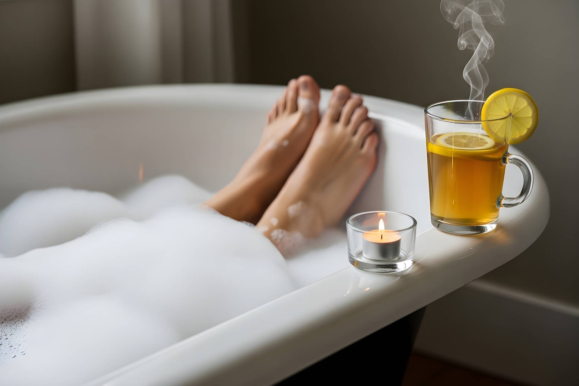 Füße in Badewanne mit Tee und Kerzenlicht | Infrarotsauna