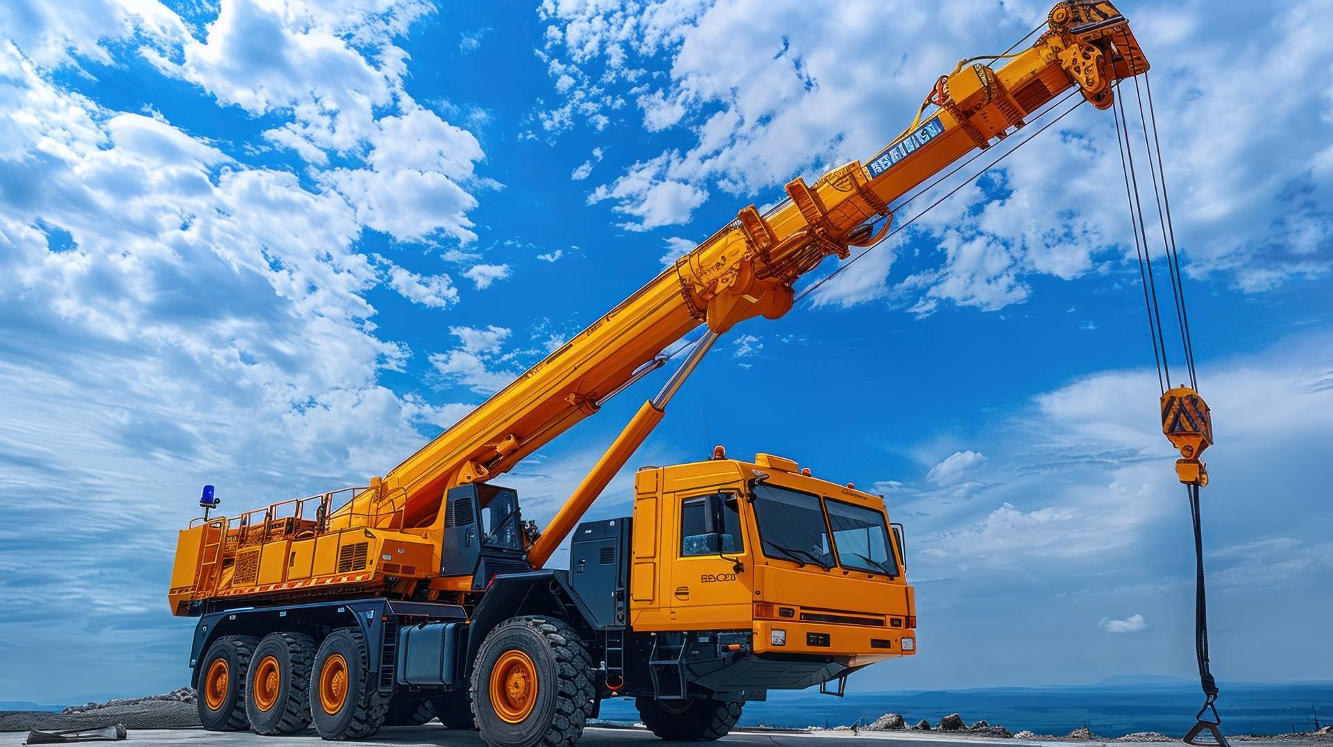 Großer Mobilkran auf Baustelle unter blauem Himmel | elektrische Kettenzüge