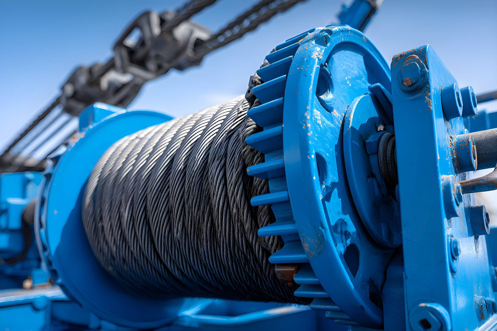 Detailaufnahme einer blauen Seilwinde mit Stahlseil | elektrische Kettenzüge
